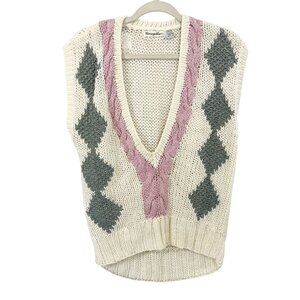 Vintage Argyle Diamond Knit Deep V-Neck Sweater Vest Cream Pink Size Small